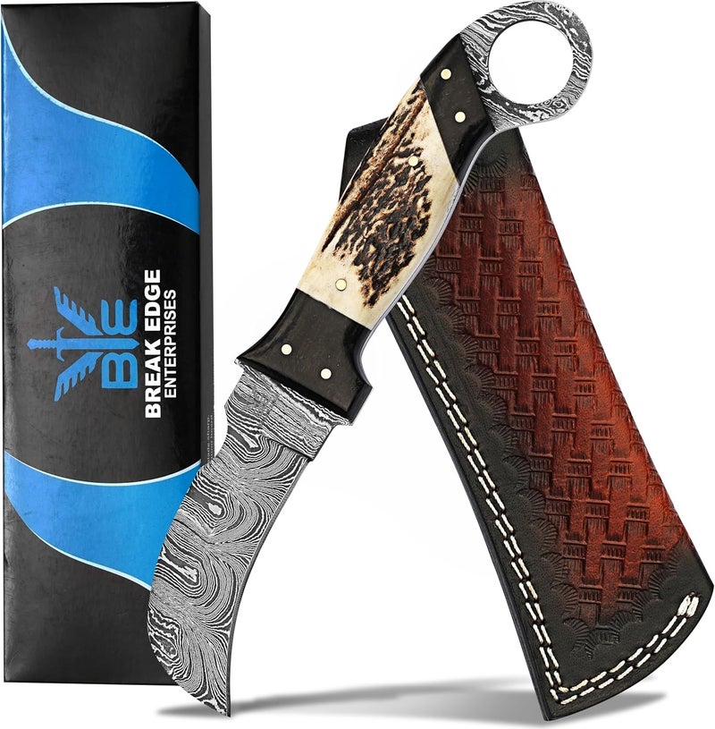 BE BREAK EDGE Handmade Damascus Steel,Deer Antler handle fixed blade knife with Leather sheath, Heavy Duty Utility Knife,Skinning knife for professional. - Image 1